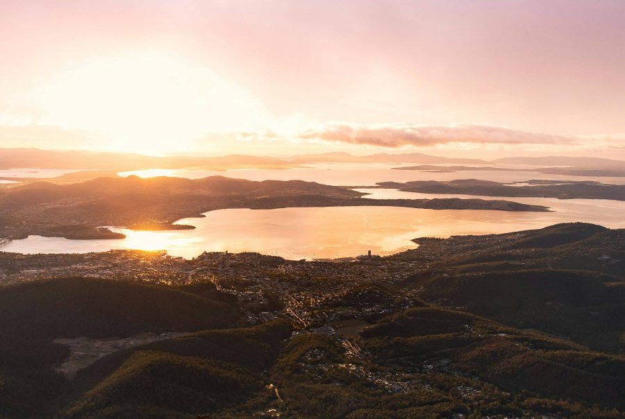 Mountain view of Hobart and the Derwent River at sunrise